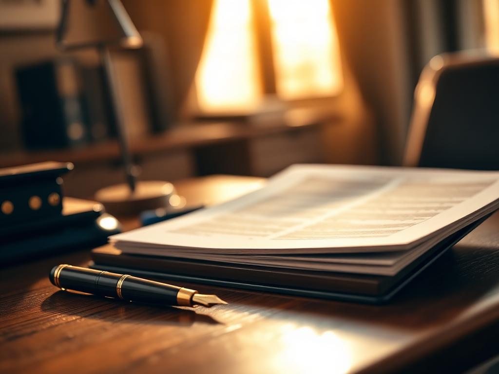 A fountain pen resting on legal documents at a warmly lit desk